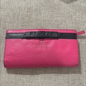 kate spade Hot Pink Leather Zip Wallet with Black Bow Trim